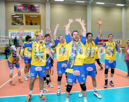 Volleyball. AVL Finalspiel. Aich/Dob gegen Hypo Tirol. Jubel (Aich/Dob). Bleiburg, 30.4.2013.
Foto: Kuess

---
pressefotos, pressefotografie, kuess, qs, qspictures, sport, bild, bilder, bilddatenbank