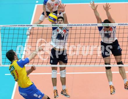 Volleyball. AVL Finalspiel. Aich/Dob gegen Hypo Tirol.  Alexander Tusch, Davor Cebron (Tirol). Bleiburg, 30.4.2013.
Foto: Kuess

---
pressefotos, pressefotografie, kuess, qs, qspictures, sport, bild, bilder, bilddatenbank