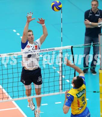 Volleyball. AVL Finalspiel. Aich/Dob gegen Hypo Tirol. Grut Andrej (Aich/Dob), Alexander Berger (Tirol). Bleiburg, 30.4.2013.
Foto: Kuess

---
pressefotos, pressefotografie, kuess, qs, qspictures, sport, bild, bilder, bilddatenbank