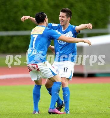 Fussball. Regionalliga. VSV gegen Feldkirchen SV.  Torjubel Okatan Emre, Sandic Michel, (VSV). Villach, 7.5.2013.
Foto: Kuess
---
pressefotos, pressefotografie, kuess, qs, qspictures, sport, bild, bilder, bilddatenbank