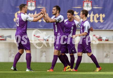 Fussball Regionalliga. SK Austria Klagenfurt gegen DSV Leoben. Torjubel Rexhe Bytyci, Fabian Miesenboeck, Darko Vasic, Michael Tschemernjak (Austria Klagenfurt). Klagenfurt, 29.5.2013.
Foto: Kuess
---
pressefotos, pressefotografie, kuess, qs, qspictures, sport, bild, bilder, bilddatenbank