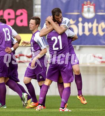 Fussball Regionalliga. SK Austria Klagenfurt gegen DSV Leoben. Torjubel Rexhe Bytyci, Fabian Miesenboeck, Alexander Percher (Austria Klagenfurt). Klagenfurt, 29.5.2013.
Foto: Kuess
---
pressefotos, pressefotografie, kuess, qs, qspictures, sport, bild, bilder, bilddatenbank