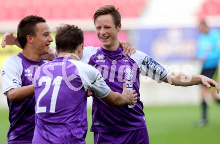 Fussball Regionalliga. SK Austria Klagenfurt gegen DSV Leoben. Torjubel Fabian Miesenboeck, Vahid Muharemovic, Alexander Percher (Austria Klagenfurt). Klagenfurt, 29.5.2013.
Foto: Kuess
---
pressefotos, pressefotografie, kuess, qs, qspictures, sport, bild, bilder, bilddatenbank