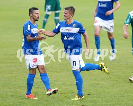 Fussball OEFB Cup. VSV gegen Wattens. Torjubel Sandro Ebner, Ivan Drmac (VSV). Villlach, 13.7.2013.
Foto: Kuess 
---
pressefotos, pressefotografie, kuess, qs, qspictures, sport, bild, bilder, bilddatenbank