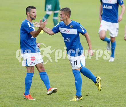 Fussball OEFB Cup. VSV gegen Wattens. Torjubel Sandro Ebner, Ivan Drmac (VSV). Villlach, 13.7.2013.
Foto: Kuess 
---
pressefotos, pressefotografie, kuess, qs, qspictures, sport, bild, bilder, bilddatenbank