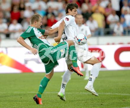 Fussball Bundesliga. RZ Pellets WAC gegen SK Rapid Wien. Mihret Topcagic,  (WAC), Mario Sonnleitner (Rapid). Wolfsberg, 20.7.2013.
Foto: Kuess

---
pressefotos, pressefotografie, kuess, qs, qspictures, sport, bild, bilder, bilddatenbank