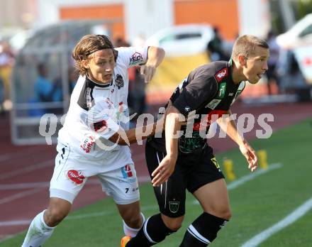 Fussball Bundesliga. RZ Pellets WAC gegen FC Wacker Innsbruck. Dario Baldauf,  (WAC),  Christopher Wernitznig (Innsbruck). Wolfsberg, 10.8.2013.
Foto: Kuess

---
pressefotos, pressefotografie, kuess, qs, qspictures, sport, bild, bilder, bilddatenbank