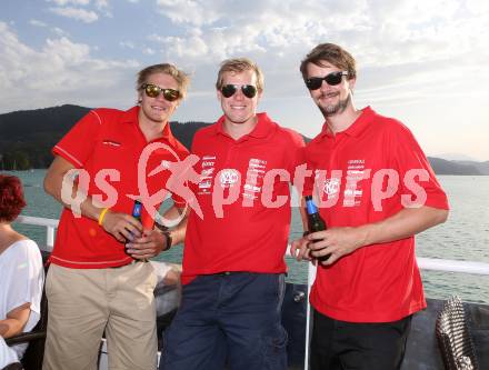 Eishockey. Bundesliga. KAC. Schifffahrt am Woerthersee. Rene Swette, Markus Pirmann, Paul Schellander. 8.8.2013.
Foto: Kuess
---
pressefotos, pressefotografie, kuess, qs, qspictures, sport, bild, bilder, bilddatenbank