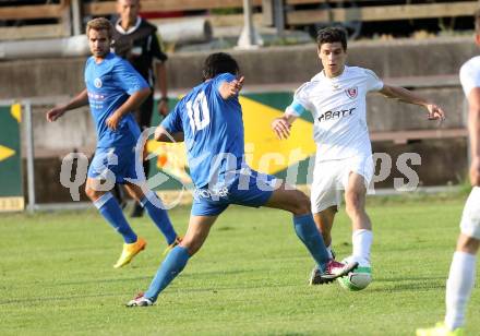 Fussball Kaerntner Liga. SG Annabichler Austria Amateure gegen ATUS Ferlach. Almedin Hota,  (ASV/Austria), Lukas Jaklitsch (Ferlach). Annabichl, am 14.8.2013.
Foto: Kuess
Foto: Kuess
---
pressefotos, pressefotografie, kuess, qs, qspictures, sport, bild, bilder, bilddatenbank