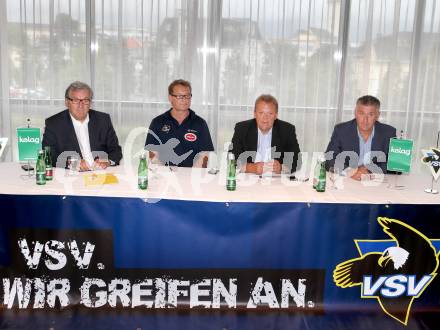 Eishockey. VSV. Pressekonferenz.  Helmut Manzenreiter, Hannu Jaervenpaeae, Gilbert Isep, Giuseppe Mion. Villach, 14.8.2013.
Foto: Kuess
---
pressefotos, pressefotografie, kuess, qs, qspictures, sport, bild, bilder, bilddatenbank