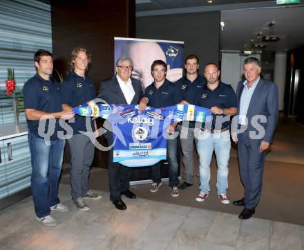 Eishockey. VSV. Pressekonferenz.  Cole Jarrett, Michael Forney, Helmut Manzenreiter,  Brock McBride, Curtis Fraser, Gerhard Unterluggauer, Giuseppe Mion. Villach, 14.8.2013.
Foto: Kuess
---
pressefotos, pressefotografie, kuess, qs, qspictures, sport, bild, bilder, bilddatenbank