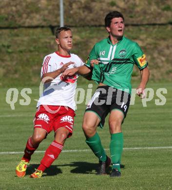 Fussball Unterliga Ost. Ludmannsdorf gegen St. Stefan/Lavanttal. Michael Jakopitsch,  (Ludmannsdorf), Lukas Riegler (St. Stefan). Ludmannsdorf, am 18.8.2013.
Foto: Kuess
---
pressefotos, pressefotografie, kuess, qs, qspictures, sport, bild, bilder, bilddatenbank