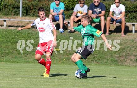 Fussball Unterliga Ost. Ludmannsdorf gegen St. Stefan/Lavanttal. Patrick Quantschnig (Ludmannsdorf), Sandro Wabnig (St. Stefan). Ludmannsdorf, am 18.8.2013.
Foto: Kuess
---
pressefotos, pressefotografie, kuess, qs, qspictures, sport, bild, bilder, bilddatenbank