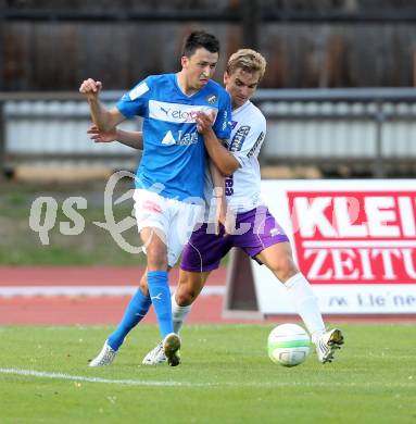 Fussball Regionalliga. VSV gegen SK Austria Klagenfurt. Dejan Kecanovic, (VSV), Peter Pucker  (Austria Klagenfurt). Villach, 24.8.2013.
Foto: Kuess
---
pressefotos, pressefotografie, kuess, qs, qspictures, sport, bild, bilder, bilddatenbank