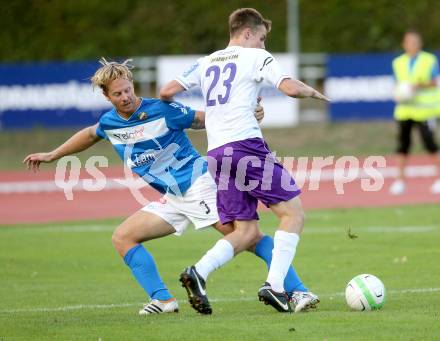 Fussball Regionalliga. VSV gegen SK Austria Klagenfurt. Johannes Isopp,  (VSV), Patrik Eler (Austria Klagenfurt). Villach, 24.8.2013.
Foto: Kuess
---
pressefotos, pressefotografie, kuess, qs, qspictures, sport, bild, bilder, bilddatenbank