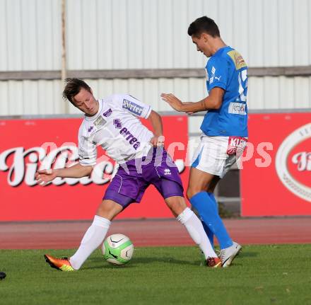 Fussball Regionalliga. VSV gegen SK Austria Klagenfurt. Michel Micossi,  (VSV), Fabian Miesenboeck (Austria Klagenfurt). Villach, 24.8.2013.
Foto: Kuess
---
pressefotos, pressefotografie, kuess, qs, qspictures, sport, bild, bilder, bilddatenbank