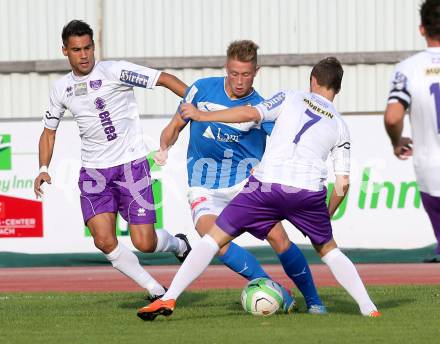 Fussball Regionalliga. VSV gegen SK Austria Klagenfurt. Michael Ramusch,  (VSV), Noel Alonso Perez, Fabian Miesenboeck (Austria Klagenfurt). Villach, 24.8.2013.
Foto: Kuess
---
pressefotos, pressefotografie, kuess, qs, qspictures, sport, bild, bilder, bilddatenbank