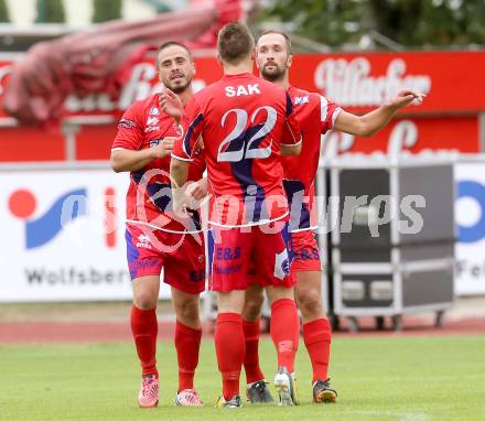 Fussball Regionalliga. WAC Amateure gegen SAK.  Torjubel Grega Triplat, Marjan Kropiunik, Darijo Biscan (SAK). Wolfsberg, am 25.8.2013.
Foto: Kuess
---
pressefotos, pressefotografie, kuess, qs, qspictures, sport, bild, bilder, bilddatenbank