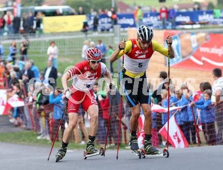 FIS Sommer Grand Prix. Nordische Kombination.  Bernhard Gruber (AUT), Bjoern Kircheisen (GER). Villach, am 28.8.2013.
Foto: Kuess
---
pressefotos, pressefotografie, kuess, qs, qspictures, sport, bild, bilder, bilddatenbank