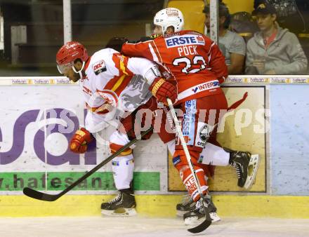 Eishockey Testspiel KAC gegen Duesseldorfer EC. Thomas Poeck, (KAC), Drew Paris  (Duesseldorfer EC). Klagenfurt, 31.8.2013.
Foto: Kuess
---
pressefotos, pressefotografie, kuess, qs, qspictures, sport, bild, bilder, bilddatenbank