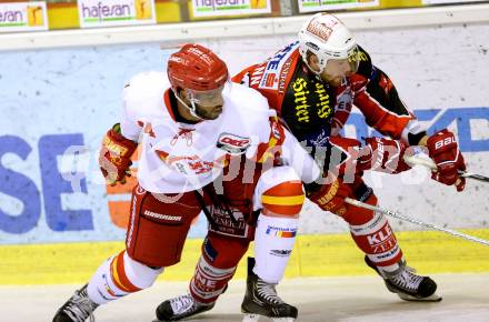 Eishockey Testspiel KAC gegen Duesseldorfer EC. Markus Pirmann,  (KAC), Drew Paris (Duesseldorfer EC). Klagenfurt, 31.8.2013.
Foto: Kuess
---
pressefotos, pressefotografie, kuess, qs, qspictures, sport, bild, bilder, bilddatenbank