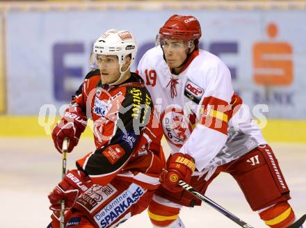 Eishockey Testspiel KAC gegen Duesseldorfer EC. Stephan Geier, (KAC), Eric Stephan (Duesseldorfer EC). Klagenfurt, 31.8.2013.
Foto: Kuess
---
pressefotos, pressefotografie, kuess, qs, qspictures, sport, bild, bilder, bilddatenbank