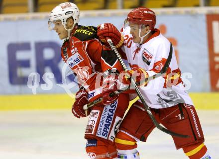 Eishockey Testspiel KAC gegen Duesseldorfer EC. Stephan Geier, (KAC), Manuel Strodel  (Duesseldorfer EC). Klagenfurt, 31.8.2013.
Foto: Kuess
---
pressefotos, pressefotografie, kuess, qs, qspictures, sport, bild, bilder, bilddatenbank