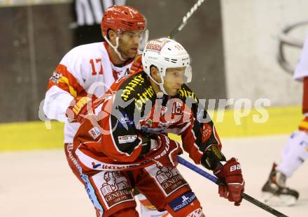 Eishockey Testspiel KAC gegen Duesseldorfer EC. Thomas Koch, (KAC), Nikolaus Mondt  (Duesseldorfer EC). Klagenfurt, 31.8.2013.
Foto: Kuess
---
pressefotos, pressefotografie, kuess, qs, qspictures, sport, bild, bilder, bilddatenbank