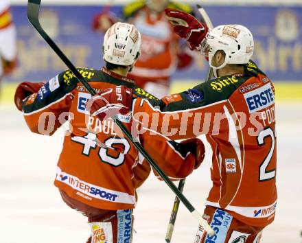 Eishockey Testspiel KAC gegen Duesseldorfer EC. Torjubel Nicolas Paul, Thomas Poeck (KAC). Klagenfurt, 31.8.2013.
Foto: Kuess
---
pressefotos, pressefotografie, kuess, qs, qspictures, sport, bild, bilder, bilddatenbank