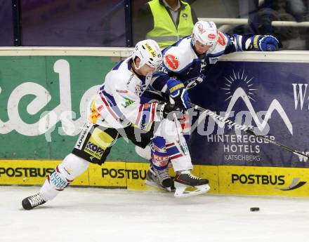 Eishockey Testspiel EC VSV gegen EHC Biel. Marco Pewal, (VSV),  Marc Wieser  (Biel). Villach, am 1.9.2013.
Foto: Kuess
---
pressefotos, pressefotografie, kuess, qs, qspictures, sport, bild, bilder, bilddatenbank