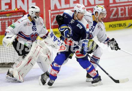 Eishockey Testspiel EC VSV gegen EHC Biel. Brocj McBride,  (VSV), Claudio Cadonau, Lukas Meili (Biel). Villach, am 1.9.2013.
Foto: Kuess
---
pressefotos, pressefotografie, kuess, qs, qspictures, sport, bild, bilder, bilddatenbank