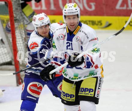 Eishockey Testspiel EC VSV gegen EHC Biel. Daniel Nageler, (VSV), Emanuel Peter (Biel). Villach, am 1.9.2013.
Foto: Kuess
---
pressefotos, pressefotografie, kuess, qs, qspictures, sport, bild, bilder, bilddatenbank