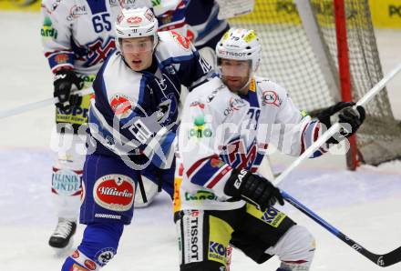 Eishockey Testspiel EC VSV gegen EHC Biel. Lucas Loibnegger, (VSV), Oliver Kamber  (Biel). Villach, am 1.9.2013.
Foto: Kuess
---
pressefotos, pressefotografie, kuess, qs, qspictures, sport, bild, bilder, bilddatenbank