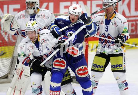 Eishockey Testspiel EC VSV gegen EHC Biel. Curtis Fraser, (VSV), Emanuel Peter  (Biel). Villach, am 1.9.2013.
Foto: Kuess
---
pressefotos, pressefotografie, kuess, qs, qspictures, sport, bild, bilder, bilddatenbank