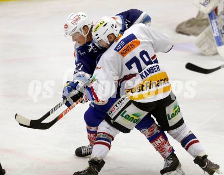 Eishockey Testspiel EC VSV gegen EHC Biel. Michael Forney, (VSV),  Oliver Kamber  (Biel). Villach, am 1.9.2013.
Foto: Kuess
---
pressefotos, pressefotografie, kuess, qs, qspictures, sport, bild, bilder, bilddatenbank