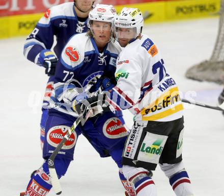 Eishockey Testspiel EC VSV gegen EHC Biel. Michael Forney, (VSV), Oliver Kamber  (Biel). Villach, am 1.9.2013.
Foto: Kuess
---
pressefotos, pressefotografie, kuess, qs, qspictures, sport, bild, bilder, bilddatenbank