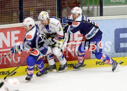 Eishockey Testspiel EC VSV gegen EHC Biel. Brock McBride, Nico Brunner, (VSV), Ryan MacMuchy  (Biel). Villach, am 1.9.2013.
Foto: Kuess
---
pressefotos, pressefotografie, kuess, qs, qspictures, sport, bild, bilder, bilddatenbank