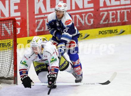 Eishockey Testspiel EC VSV gegen EHC Biel. Nico Brunner, (VSV), Emanuel Peter (Biel). Villach, am 1.9.2013.
Foto: Kuess
---
pressefotos, pressefotografie, kuess, qs, qspictures, sport, bild, bilder, bilddatenbank