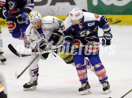 Eishockey Testspiel EC VSV gegen EHC Biel. Benjamin Petrik, (VSV), Dario Trumann  (Biel). Villach, am 1.9.2013.
Foto: Kuess
---
pressefotos, pressefotografie, kuess, qs, qspictures, sport, bild, bilder, bilddatenbank