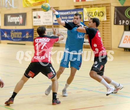 HLA. Handball Bundesliga. SC Ferlach gegen Sparkasse Schwaz. Dean Pomorisac (Ferlach), Manuel Gierlinger  (Schwaz).. Ferlach, 7.9.2013.
Foto: Kuess
---
pressefotos, pressefotografie, kuess, qs, qspictures, sport, bild, bilder, bilddatenbank