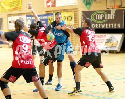 HLA. Handball Bundesliga. SC Ferlach gegen Sparkasse Schwaz. David Kovac  (Ferlach), Andriuska Mindaugas (Schwaz).. Ferlach, 7.9.2013.
Foto: Kuess
---
pressefotos, pressefotografie, kuess, qs, qspictures, sport, bild, bilder, bilddatenbank