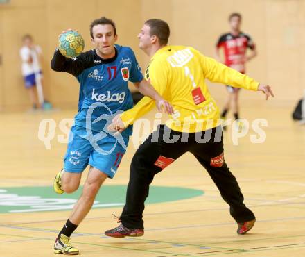 HLA. Handball Bundesliga. SC Ferlach gegen Sparkasse Schwaz.  Izudin Mujanovic (Ferlach), Alexander Wanitschek (Schwaz). Ferlach, 7.9.2013.
Foto: Kuess
---
pressefotos, pressefotografie, kuess, qs, qspictures, sport, bild, bilder, bilddatenbank