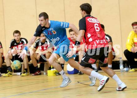 HLA. Handball Bundesliga. SC Ferlach gegen Sparkasse Schwaz. Dean Pomorisac (Ferlach) Bammer Dominik  (Schwaz). Ferlach, 7.9.2013.
Foto: Kuess
---
pressefotos, pressefotografie, kuess, qs, qspictures, sport, bild, bilder, bilddatenbank