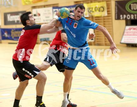 HLA. Handball Bundesliga. SC Ferlach gegen Sparkasse Schwaz. Dean Pomorisac (Ferlach), Draguljub Perovic (Schwaz). Ferlach, 7.9.2013.
Foto: Kuess
---
pressefotos, pressefotografie, kuess, qs, qspictures, sport, bild, bilder, bilddatenbank