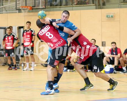 HLA. Handball Bundesliga. SC Ferlach gegen Sparkasse Schwaz. David Kovac  (Ferlach), Philip Zangerl  (Schwaz).. Ferlach, 7.9.2013.
Foto: Kuess
---
pressefotos, pressefotografie, kuess, qs, qspictures, sport, bild, bilder, bilddatenbank