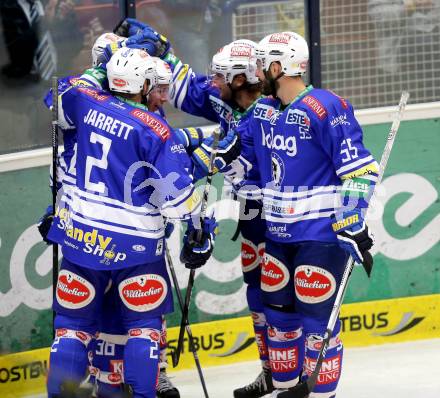 EBEL. Eishockey Bundesliga. EC VSV gegen EHC LIWEST Linz.. Torjubel Derek Ryan, Marco Pewal, John Hughes, Cole Jarrett, Scott Hotham (VSV). Villach, am 13.9.2013.
Foto: Kuess 


---
pressefotos, pressefotografie, kuess, qs, qspictures, sport, bild, bilder, bilddatenbank