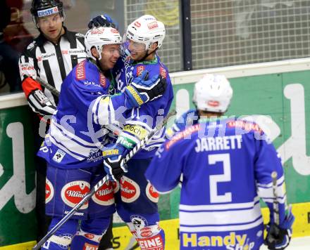 EBEL. Eishockey Bundesliga. EC VSV gegen EHC LIWEST Linz.. Torjubel Derek Ryan, Marco Pewal (VSV). Villach, am 13.9.2013.
Foto: Kuess 


---
pressefotos, pressefotografie, kuess, qs, qspictures, sport, bild, bilder, bilddatenbank