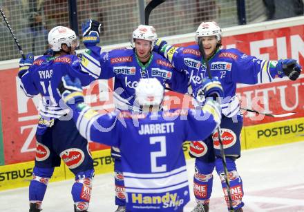 EBEL. Eishockey Bundesliga. EC VSV gegen EHC LIWEST Linz..  Torjubel Derek Ryan, Marco Pewal, John Hughes, Cole Jarrett (VSV). Villach, am 13.9.2013.
Foto: Kuess 


---
pressefotos, pressefotografie, kuess, qs, qspictures, sport, bild, bilder, bilddatenbank