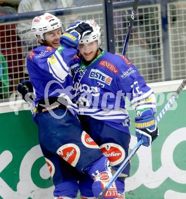 EBEL. Eishockey Bundesliga. EC VSV gegen EHC LIWEST Linz.. Torjubel Derek Ryan,  John Hughes (VSV). Villach, am 13.9.2013.
Foto: Kuess 


---
pressefotos, pressefotografie, kuess, qs, qspictures, sport, bild, bilder, bilddatenbank