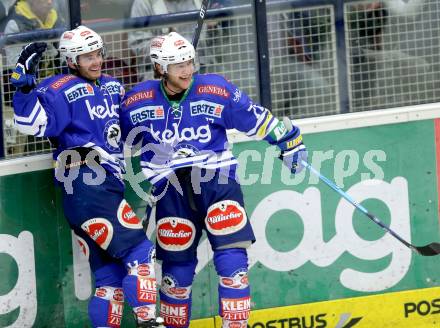 EBEL. Eishockey Bundesliga. EC VSV gegen EHC LIWEST Linz.. Torjubel Derek Ryan,  John Hughes (VSV). Villach, am 13.9.2013.
Foto: Kuess 


---
pressefotos, pressefotografie, kuess, qs, qspictures, sport, bild, bilder, bilddatenbank